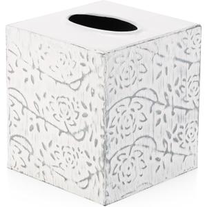 Country Chic Modern Farmhouse Tissue Box Holder, Decorative Metal Tissue Cover, Rustic Square White Style (Upright)