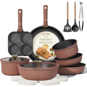 CAROTE 19pcs Pots and Pans Set, Nonstick Cookware Set Detachable Handle, Induction Kitchen Cooking Set Non Stick with Removable Handles, RV Cookwares, Brown CAROTE 19pcs Pots and Pans Set, Nonstick Cookware Set Detachable Handle, Induction Kitchen Cooking Set Non Stick with Removable Handles, RV Cookwares, Brown