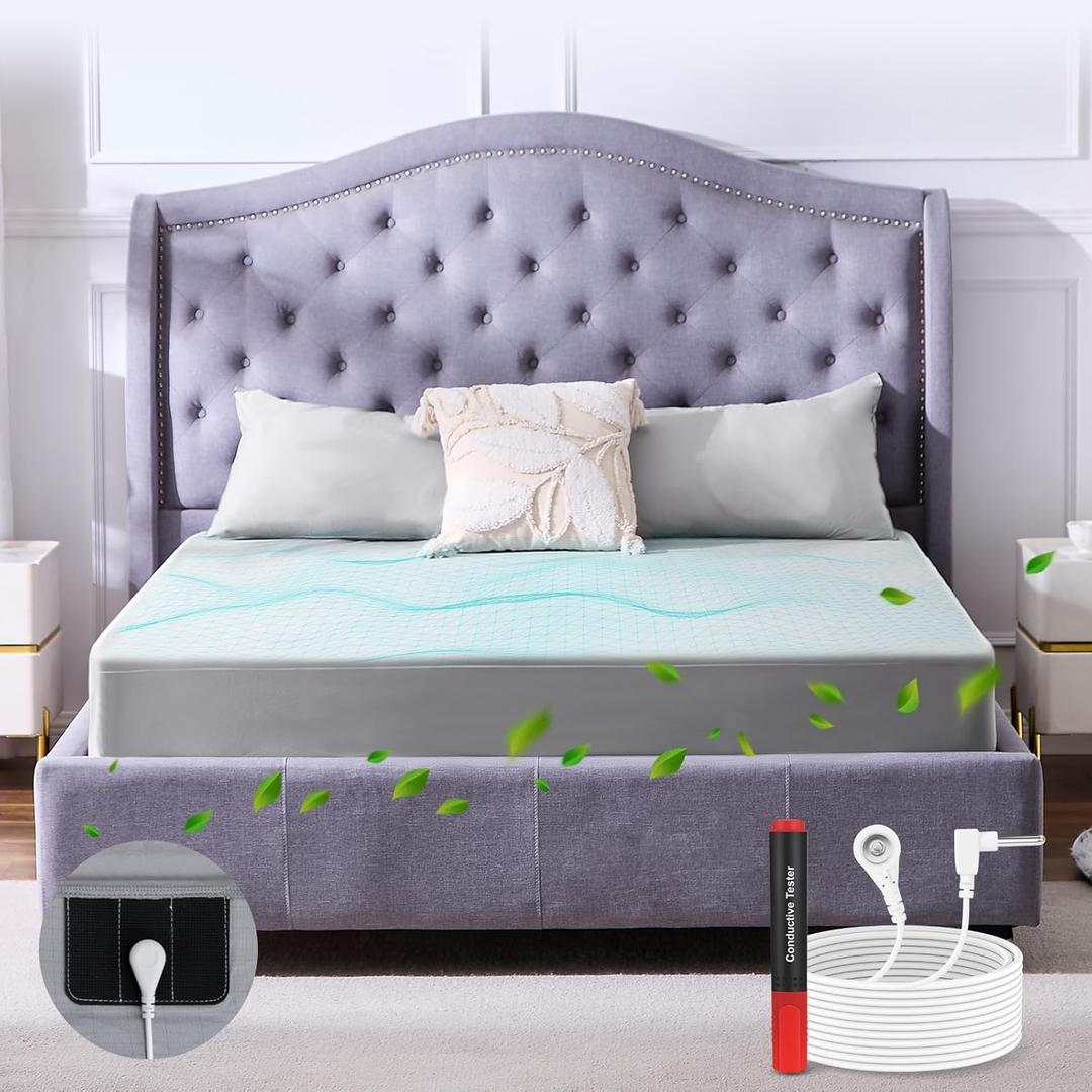 Grounding Sheets 12% Pure Silver Fiber 88% Organic Cotton Superior Earthing Fitted Sheet 400 Threads Earth Connected Bed Sheet with Long Grounding Cord and Test Pen (Queen 60.1 * 80 * 15inch Gray)