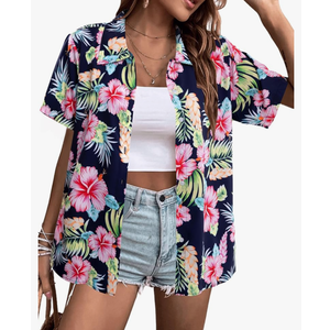 Women Hawaiian Shirt Soft Cool Summer Hawaii Shirts Floral Tropic Print V Neck T-Shirt Short Sleeve Button Up Tops.XL