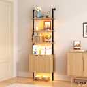 Yusong 73" Tall Bookshelf with Cabinet and RGB LED Lights, 7-Color Adjustable Industrial Ladder Wall Mount Shelf, Frame Bookcase with Lighting for Living Room Bedroom, Wavy Light Ivory