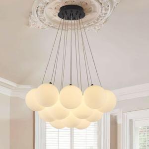 Bubble Chandelier,12-Lights Milk Glass Bubble Chandeliers Lighting, Modern Nordic Large Globe Chandelier, Mid-Century Ball Pendant Light Fixture for Dining Room,Hallway,Island