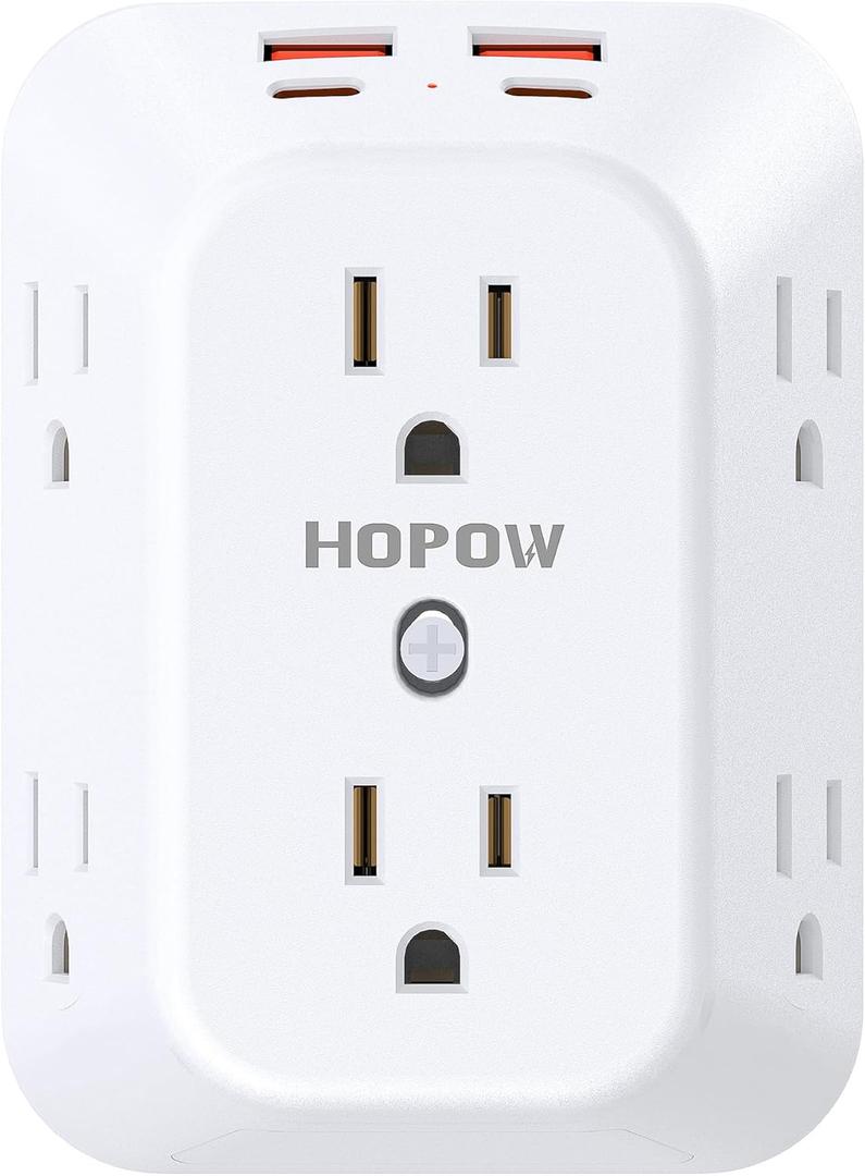 HOPOW Outlet Extender Surge Protector, 6 Outlet Splitter with 4 USB Ports (2 USB C), USB Wall Charger, 3-Sided 1050J Multi Plug Wall Outlet, Wall Mount for Home Travel Office Travel, White