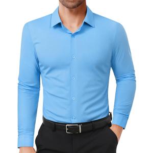 Lion Nardo Slim Fit Dress Shirts for Men Stretch Muscle Fit Long Sleeve Dress Shirts Wrinkle Free Formal Button Down Shirts (Blue)