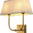 JIMUBEAM Vintage 2-Lights Wall Sconces with Linen Fabric Lampshade, Double Head Bathroom Vanity Lights Fixture in Antique Brass, Indoor Wall Lamps for Bedroom Living Room Hallway Stairway