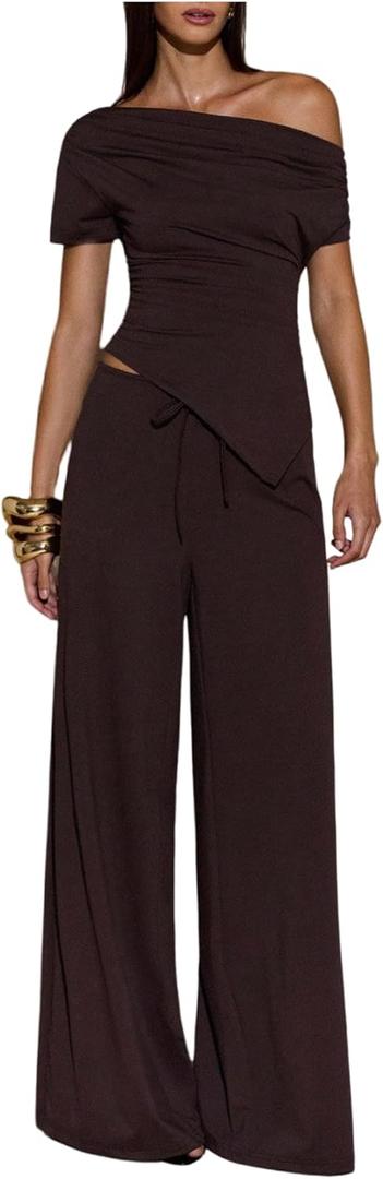 SweatyRocks Women's Off Shoulder 2 Piece Outfits Asymmetrical Ruched Short Sleeve Tops and Wide Leg Pants Matching Sets (Large, Brown)