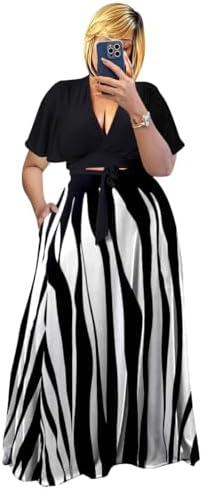 Plus Size Women's 2 Piece Outfits Casual Short Ruffle Sleeve Wrap Crop Top Maxi Long Dress Flowy Matching Sets 2XL, 0816-black White Stripe