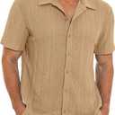 NITAGUT Men's Short Sleeve Shirts Casual Button Down Shirts Vacation Beach Summer Hollow Out Tops, Khaki, Small