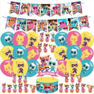 Cartoon Cat Birthday Party Decorations, Super Cat Decoration Party Supplies, Including Balloons, Banners, Cupcakes, Cake Toppers