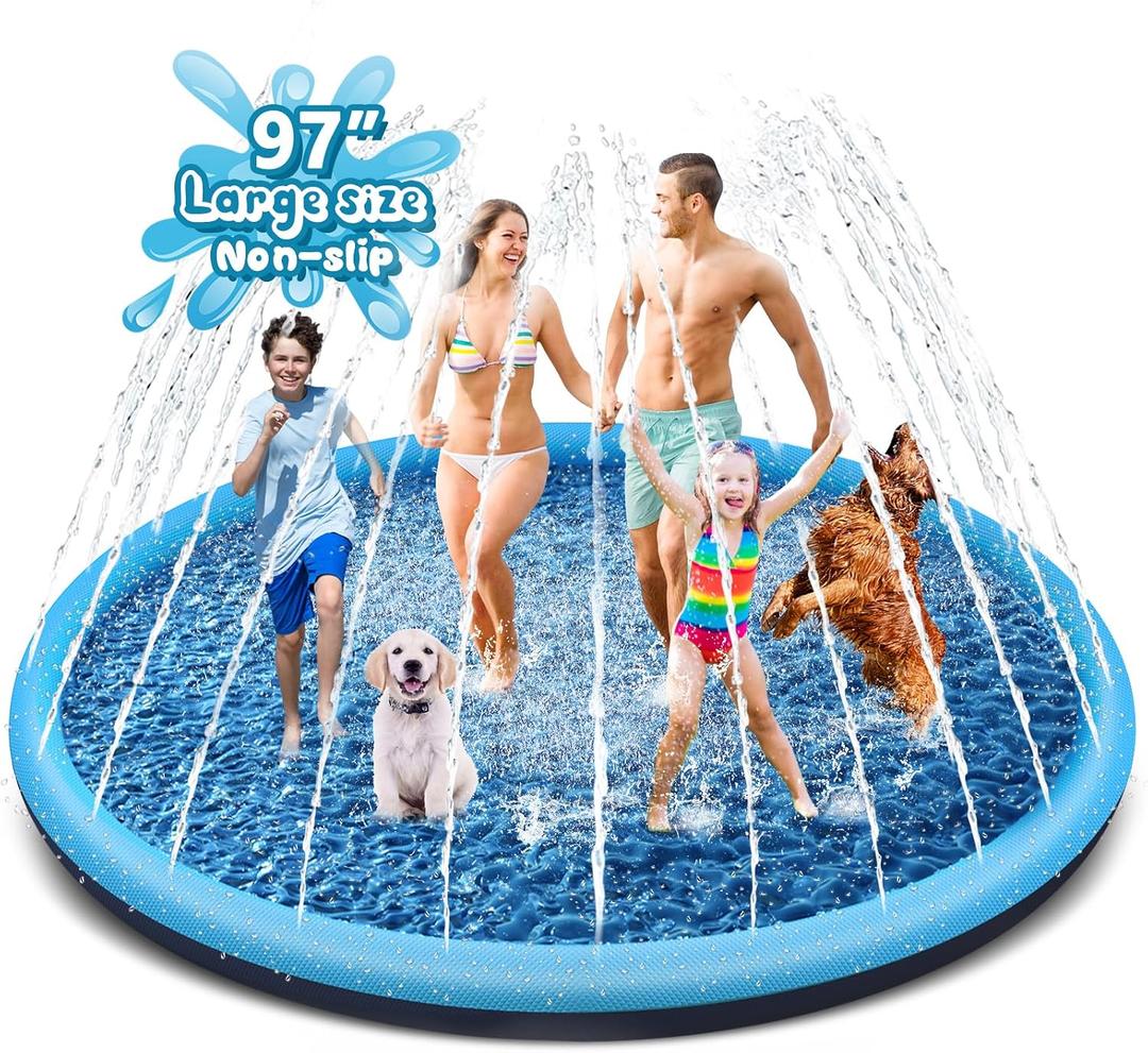 YAUNGEL97 Kids Splash Pad Sprinkler, Extra Large Non-Slip 0.58mm Thick Splash Mat for Toddlers, Kids & Dogs, Foldable Backyard Water Play Pad for Family Summer Outdoor Fun, 97 inches x 96.85 inches