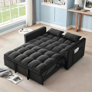 3-in-1 Convertible Sofa Bed, Pull-Out Sleeper Bed with Adjustable Backrest & Two Arm Storage Pocket, Velvet Futon Couches, Loveseat, Black
