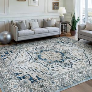 Area Rugs for Living Room 8x10 - Large Machine Washable Vintage Oriental Soft Rugs, Low Pile Thin Floor Carpet with Non Slip Backing for Bedroom, Dorm, Under Dining Room Table, Indoor House, Office (Blue/Light Blue)