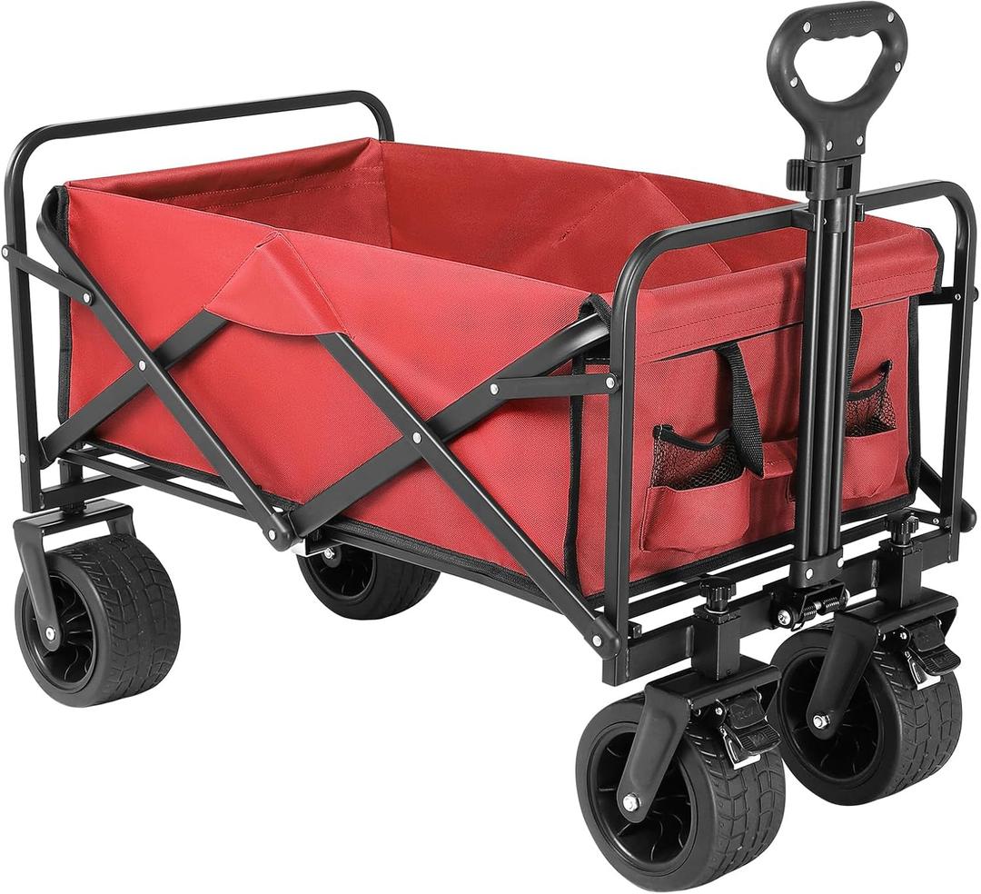 Beach Wagon with Big Wheels for Sand,Collapsible Folding All Terrain Utility Wagons Carts Foldable with Brakes for Sand Camping Sports Outdoor. (Red)