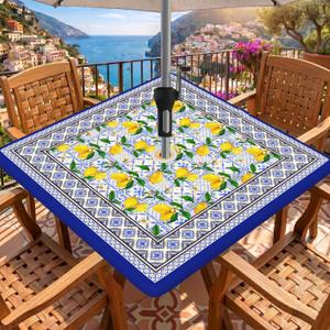 Square Outdoor Fitted Tablecloth with Umbrella Hole and Elastic, Fabric Waterproof Fitted Square Patio Table Cloth with Umbrella Hole for Summer/Party/Picnic, Lemon, Fits 34"-38" Tables