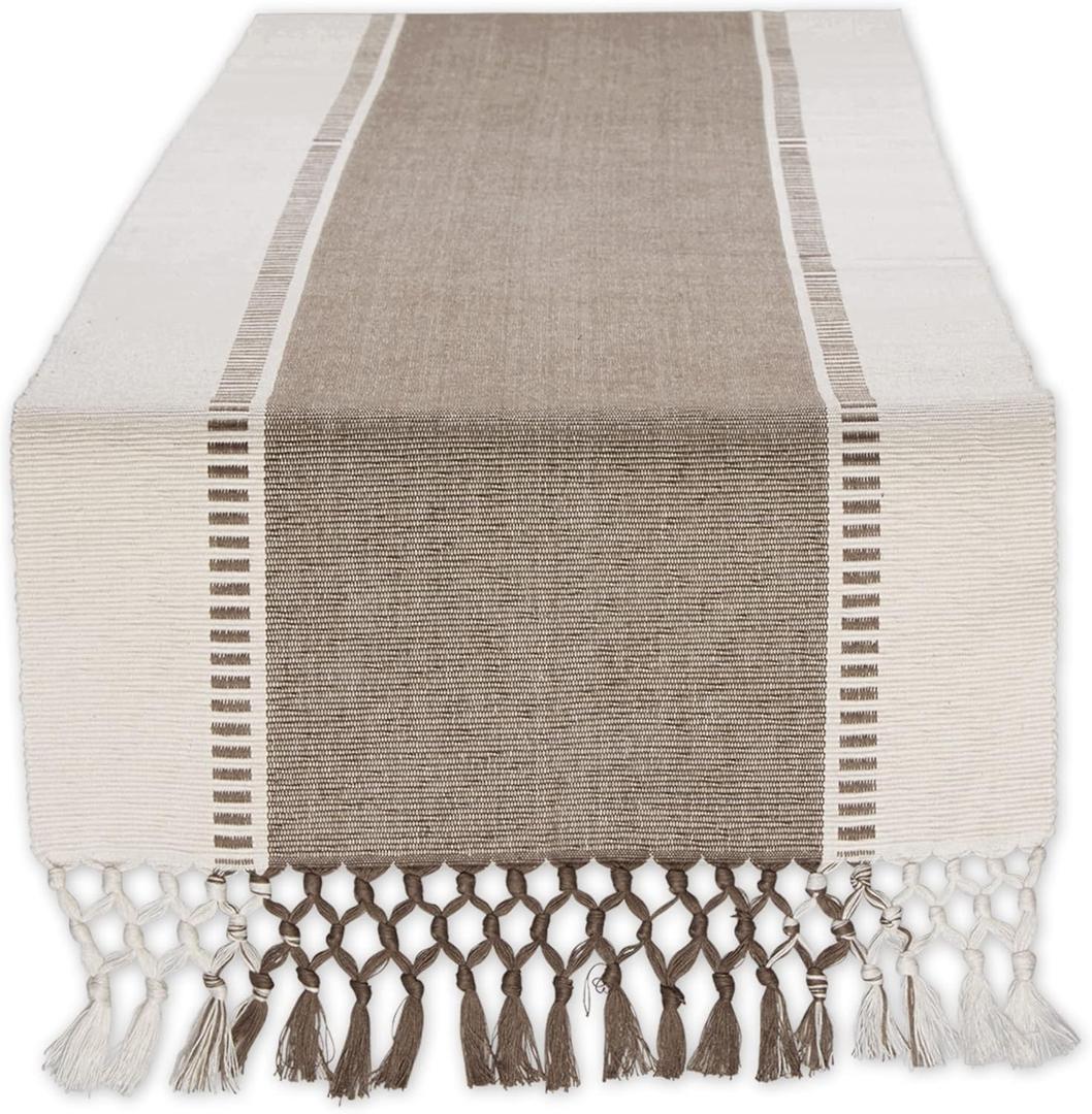 DII Dobby Stripe Woven Table Runner, 13x72, Brown (13x72" (13x77.5, Fringe Included))