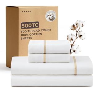 Bedsure 100% Cotton Sheets King Size Set - 500 Thread Count Cotton Sateen Bedsheets, Luxury Hotel Quality, Soft & Breathable Bedsheets, 16" Deep Pocket, 4-Piece, Include King Flat Sheet White