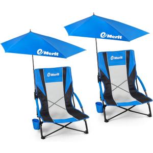 EMERIT Low Beach Chairs for Adults, Sling Beach Chair with Umberalla, Folding Backpack Camping Chair with Cup Holder (Blue & Black)