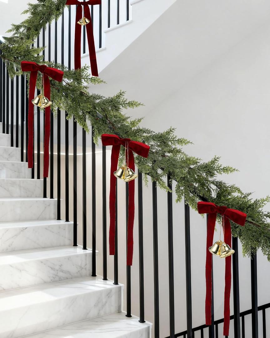 17 Extra Long Christmas Artificial Cedar Pine Cypress Garland with Ribbons and Bells Christmas Real Touch Pine Decorations for Stairs Indoor Outdoor Wall Table Mantel Fireplace Xmas Decor