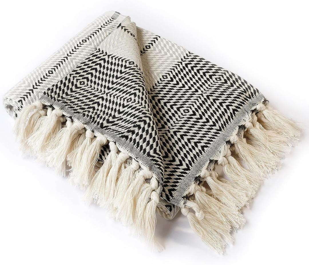 Peshtemania Premium Cotton Boho Throw Blanket |50x60| Grey Black and White Throw Blankets for Bed Sofa Couch Outdoor Farmhouse Turkish Throws Blankets for Sofa Bedroom Picnic Blankets Yoga (Off White, Black, Grey)