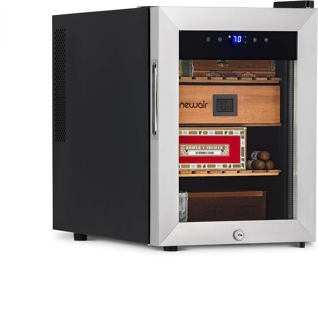 NewAir 250 Count Electric Cigar Humidor Box | Cigar Cooler Cabinet with Thermoelectric Cooling | Digital Temperature Controls, Spanish Cedar Shelves, and Locking Glass Door | Stainless Steel