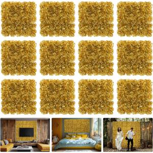 Flower Wall Backdrop12 pcs 16.5x16.5 Inch Floral Wall Panel Artificial Silk Rose Wall Decor Ideal for Wedding Celebrations, Festive Party Backdrops, and Home Decor-Gold