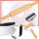 Wooden Rolling Pins for Baking, Small Dough Roller with Handle, Stainless Steel Pastry Blender Set with Pizza Dough Roller Docker, Pastry Cutter, Dough Cutter, Baking Mat, for Home Kitchen Cooking (6 Piece)