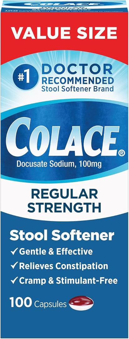 Colace Stool Softener 100 mg, 100 Capsules, Constipation Relief, Docusate Sodium, Gentle Docusate, Stimulant-Free, Regular Strength, #1 Doctor Recommended Stool Softener Brand