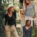 Riyiper 3 Pack Women Long Sleeve Shirts, 95% Cotton V Neck Ribbed Knit Tops Slim Fit Casual Going Out Tee Shirts (L)