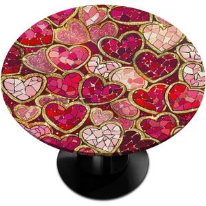 Round Tablecloth with Elastic Edge Valentine Heart Red Fitted Circle Table Cover Wipeable Round Table Cloth for Indoor Outdoor Patio Dining Kitchen Festival Decor for 45-50inch Tables
