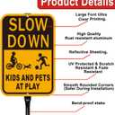 Slow Down Kids at Play Safety Signs, Yellow and Black, Reflective Aluminum, 14x10 Inches, 2 Pack with 36-Inch Metal Stakes