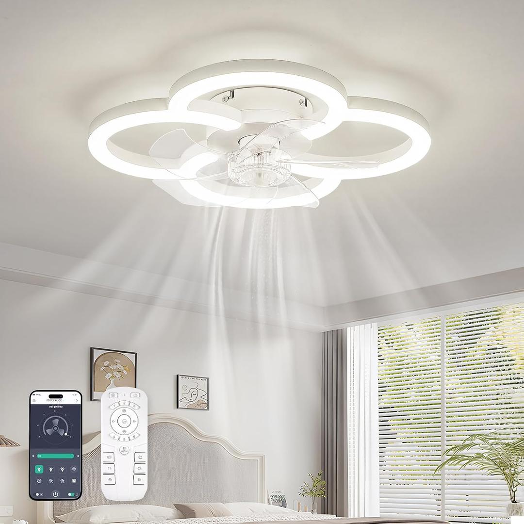 Low Profile Ceiling Fans with Lights and Remote, Fandelier Ceiling Fan Flush Mount, 3000K-6500K Smart 5 Blades LED Fan Light, Small Ceiling Fans with Lights for Bedroom, Kitchen (18 inch, Matte White)