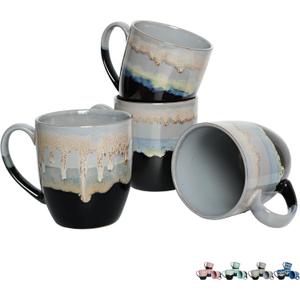 Bosmarlin Ceramic Coffee Mug Set of 4, 17 Oz, Coffee Cups with Big Handle, Microwave Safe, Unique Reactive Glaze (17 Oz, Grey) (Gray)