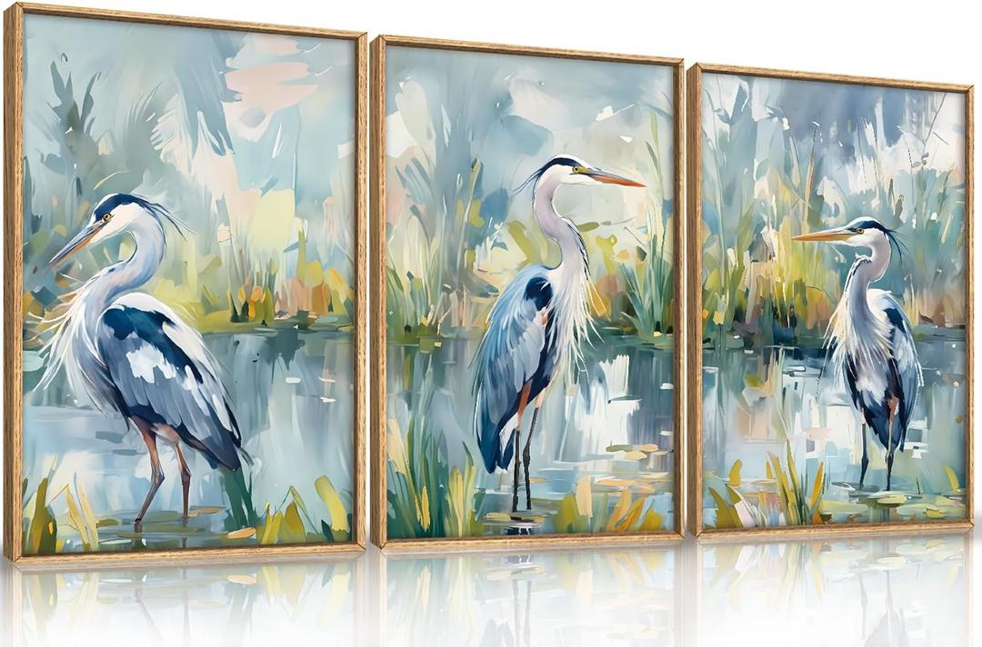 HLNIUC Great Blue Heron Wall Art Set of 3, Watercolor Coastal Bird Wall Decor(24x36), Wildlife Animal Illustrations Canvas Painting, Modern Boho Nature Avian Art Prints for Living Room,Bedroom, Office
