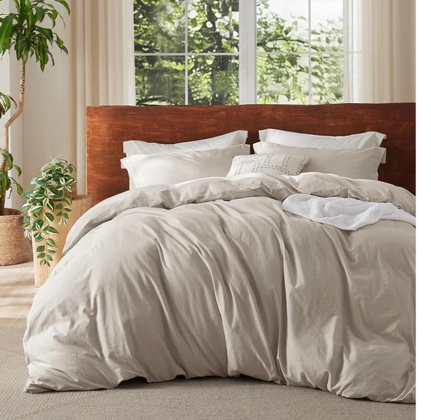 Bedsure 100% Washed Cotton Duvet Cover King Size - Linen Color Minimalist Cotton Duvet Cover Linen Like for All Seasons - GentleSoft™ Plain Simple Bedding (King, 104"x90")