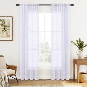 Guken Sheer Curtains 84 Inch Length 2 Panels Sets for Living Room Bedroom 42 Inch Width Farmhouse Boho Drapes Light Filtering Pom Pom Curtains Tufted Semi Sheer Kids Rod Pocket, White, W42xL84