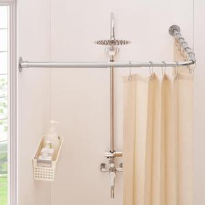 L Shaped Shower Curtain Rod, [24"-47.6"] x [24"-47.6"] Dual-Slide Corner 90 Degree Shower Rod for Bathroom, Bathtub & Outdoor with 12 Hooks & Ceiling Support - Brushed Nickel