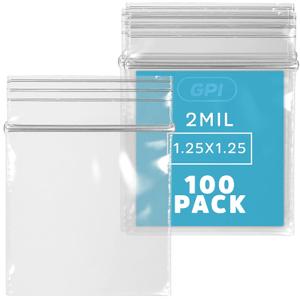 1.25 x 1.25 inches, 2.5 Mil Clear Reclosable Zip Bags, Case of 100 GPI Brand