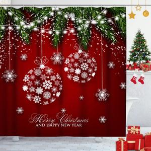 Emvency Christmas Balls Shower Curtain, Fir Branches Waterproof Fabric Bathroom Winter Red Shower Curtain Set with 12 Hooks 72"X72"