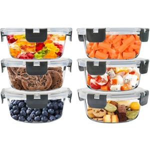 6Pack 13oz Glass Meal Prep Containers, Small Round Glass Food Storage Containers Sets with Snap Leak Proof Lids for Microwave, Freezer and Dishwasher Safe (Grey, 13oz)