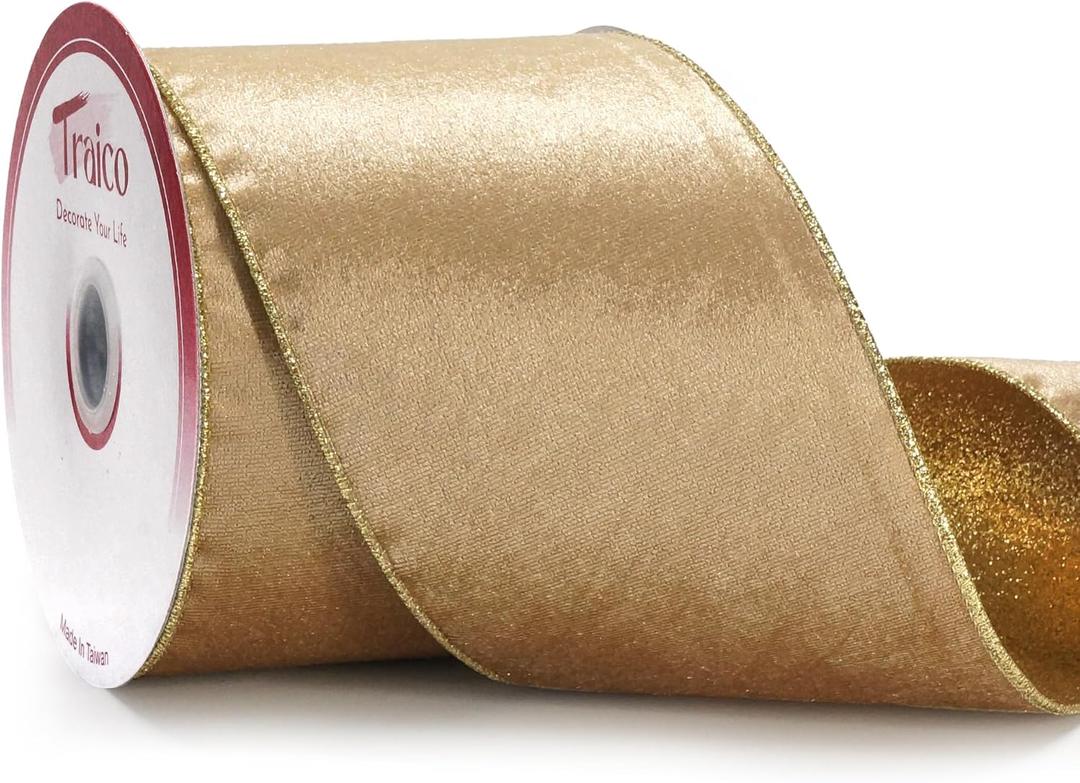 4" Champange Gold Velvet Gold Glitter Backing Wired Ribbon 10 Yards for Christmas Wedding Wreath Gift Wrapping Home Dcor DIY