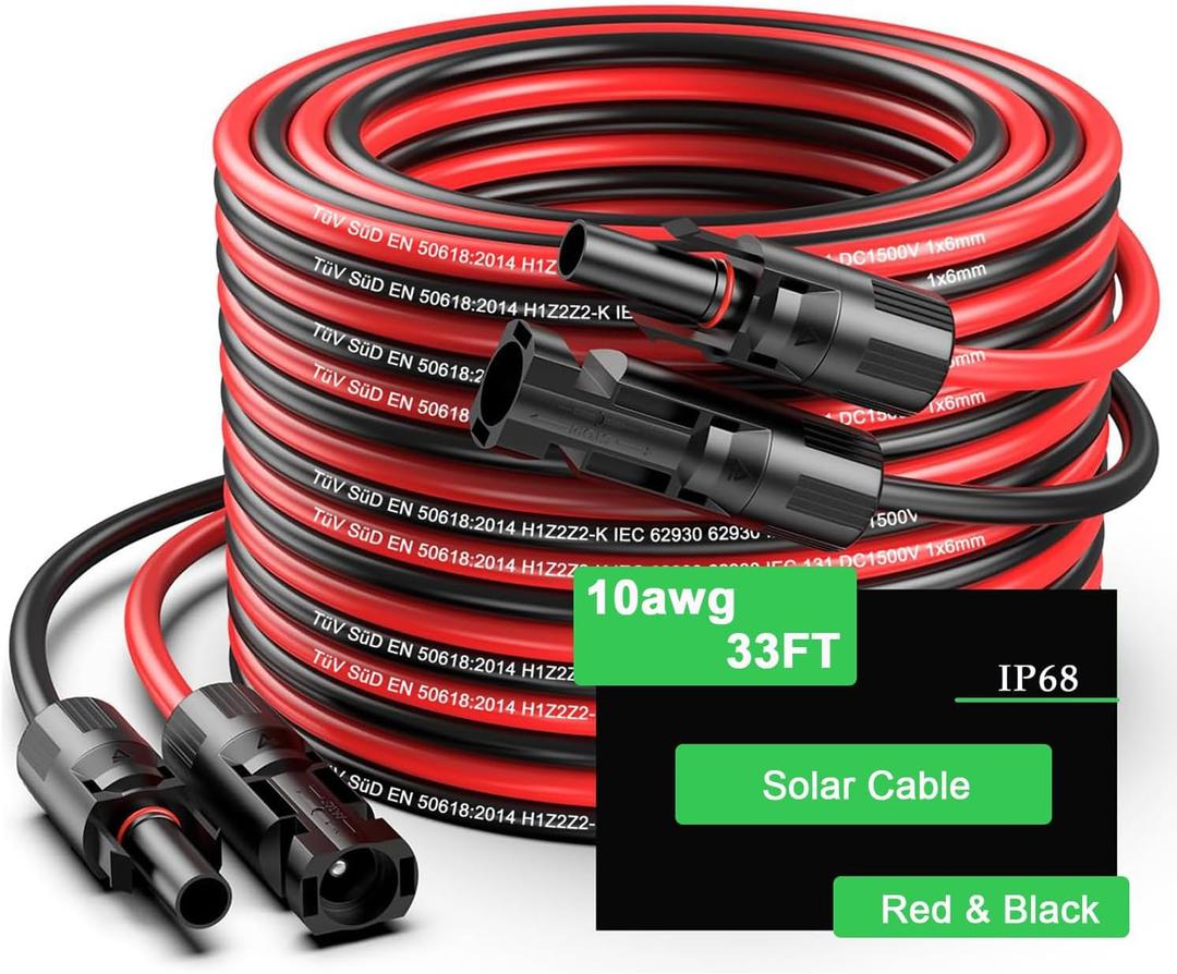 33Ft Solar Panels Extension Cables, 6mm PV Cable with Male and Female Connectors, IP68 Waterproof, 10AWG Solar Wire