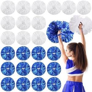 Yunsailing 24 Pack Cheerleading Pom Poms with Baton Handle 14.5 Inch Metallic Cheering Squad Pompoms for Team Sports Football Dance Cheering Adults(Blue White)