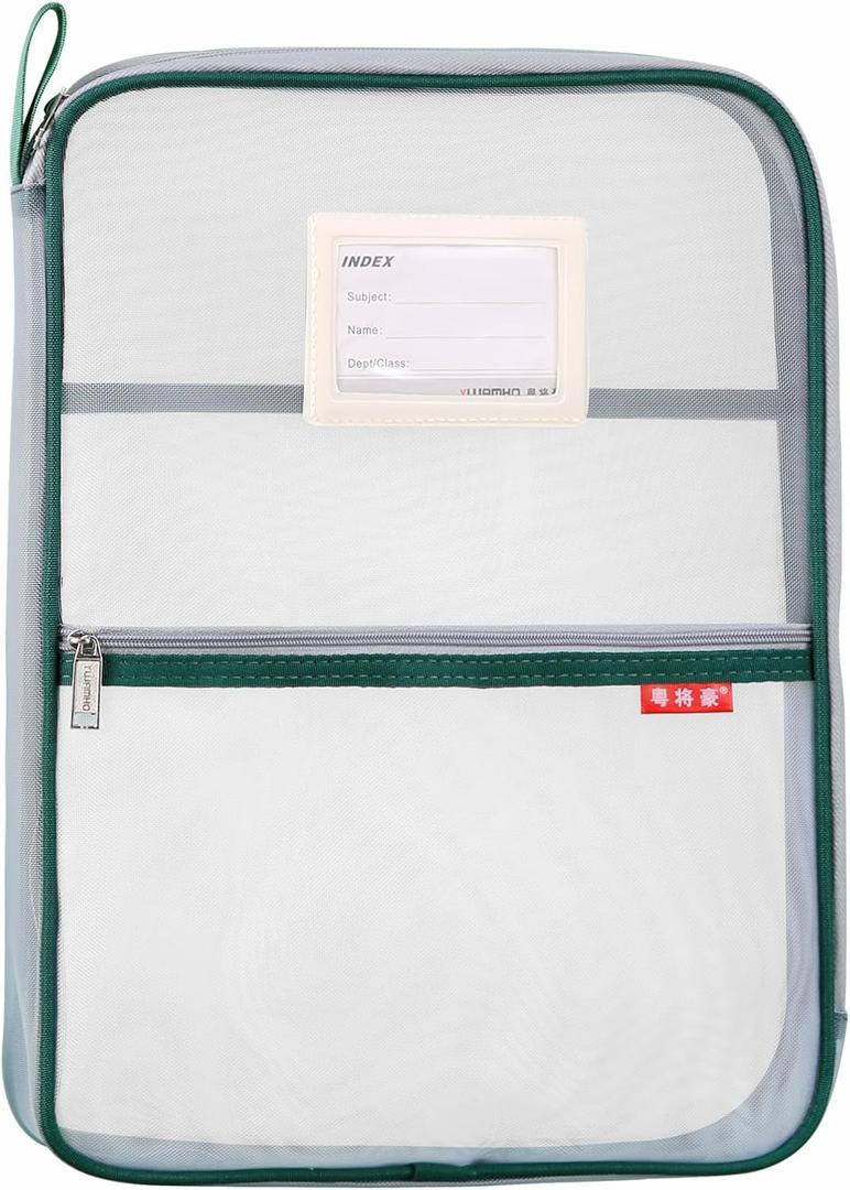 Pendancy Mesh Zipper Pouch 14.8x10.8 in Transparent Lightweight Nylon File Folders, A4 Size Multi-Layer Subject Document Organizer Accessories Storage Bag for Office and School Supplies(Green)