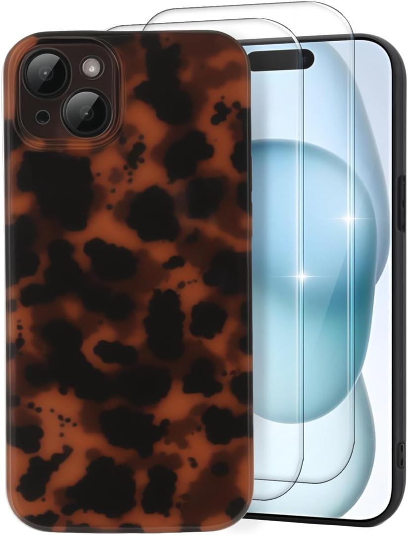 Cute Phone Case for iPhone 15 Case, [with 2X Screen Protector] Tortoise Shell Pattern Leopard Full Camera Protective Slim Shockproof Cool Trendy Aesthetic - Brown Leopard