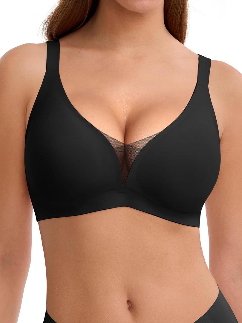 LUCKMEEY Bras for Women No Underwire Deep V Wireless Bra Push Up Seamless Bras Full Coverage Bralettes Everyday Bra (X-Large, Black)