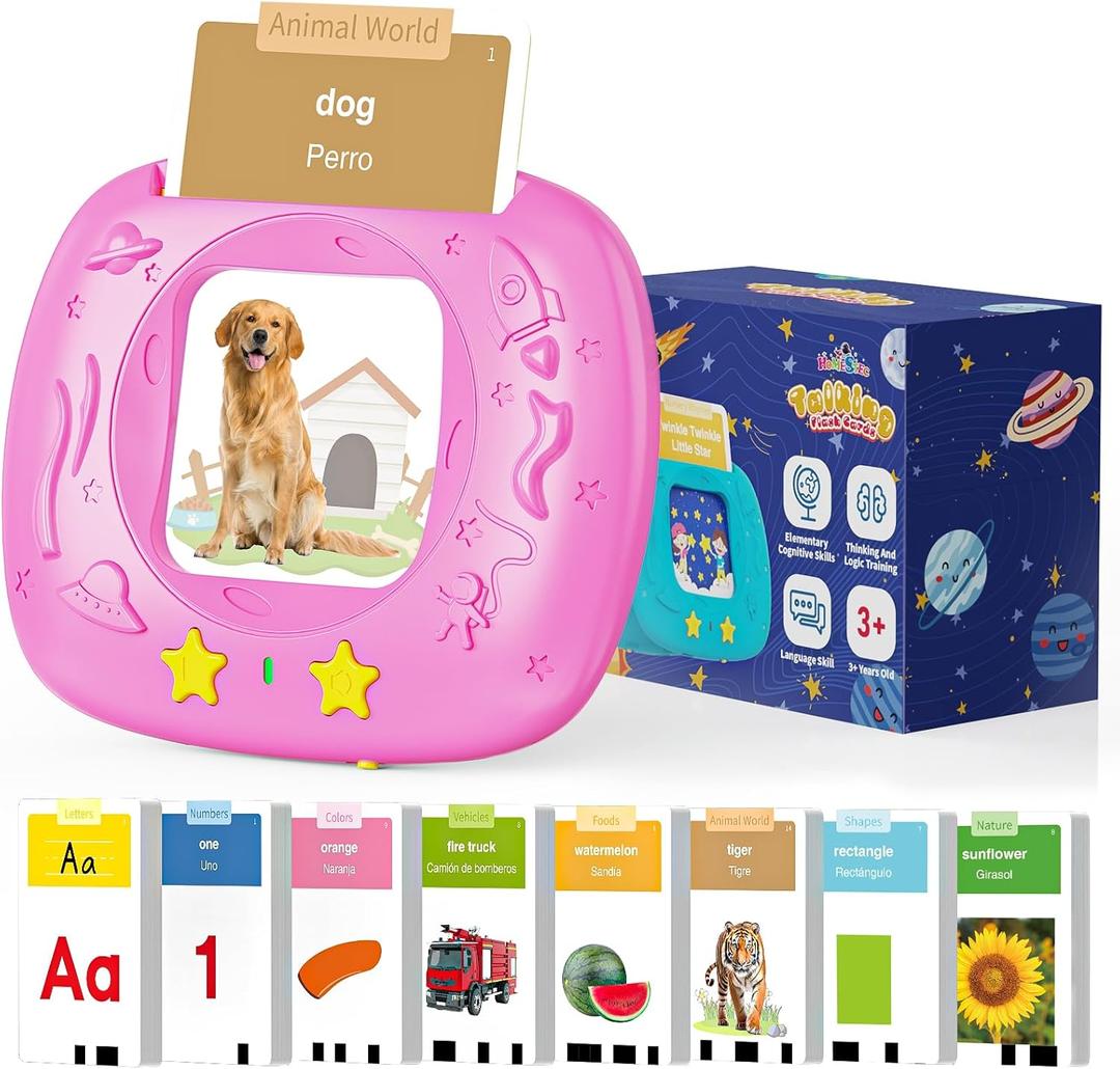 HOMESTEC Toddlers Bilingual Spanish & English Talking Flash Cards with 288 Sight Words, Speech Therapy Toys for 1 2 3 4 5 6 Years Old Boys and Girls, Learning Educational Kids Gifts (Pink)