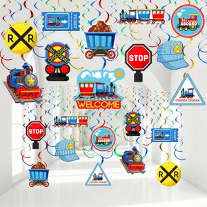 51 Pieces Train Birthday Decorations Transportation Hanging Swirls Steam Train Ceiling Decor for Railroad Traffic Sign I'm Two Party Baby Shower Favors Supplies