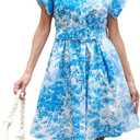 Women's Button Down Shirt Dress Floral Printed V-Neck Turn Down Short Sleeve Mini Casual Trench Coat Formal Blue, Medium
