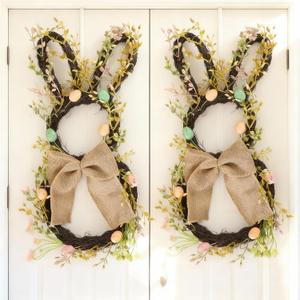2 Pack Easter Bunny Wreath for Front Door - Large 20 Inch Rabbit Shaped Spring Wreaths with Eggs and Burlap Bow - Natural Vine Hanging Decor for Double Door Wall Covered Porch Farmhouse Home