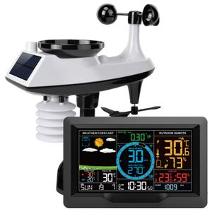 Wireless Weather Station with Outdoor Sensor, 10-in-1 Wind Speed and Rain Gauge, Temperature Humidity Monitor, Barometer Weather Forecast, Calendar and Alarm Clock, LCD Display for Home, Solar Power